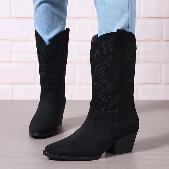 Women Black Suede Mid Calf Chunky Block Heel Western Embroidered Cowgirl Boot - Picture 7 of 7